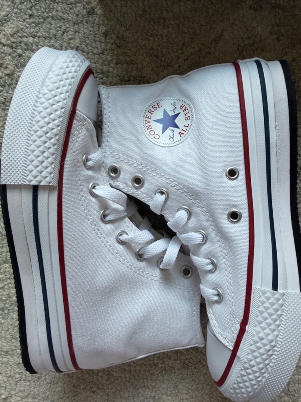 Converse White High Top Sneakers with Red & Navy Trim Kids Size 2 - Picture 4 of 6